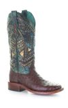 Corral Women's Full Quill Ostrich Square Toe Boots w/Embroidery & Studs - Brown/Turquoise