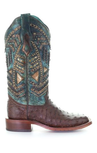 Corral Women's Full Quill Ostrich Square Toe Boots w/Embroidery & Studs - Brown/Turquoise #2