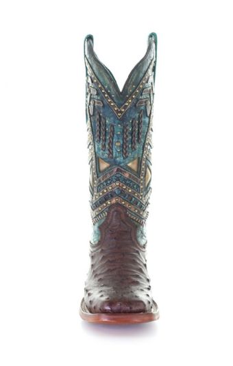 Corral Women's Full Quill Ostrich Square Toe Boots w/Embroidery & Studs - Brown/Turquoise #3