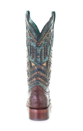 Corral Women's Full Quill Ostrich Square Toe Boots w/Embroidery & Studs - Brown/Turquoise #4