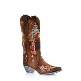 Corral Ladies Chocolate Lamb Snip Toe Boots w/Floral Embroidery