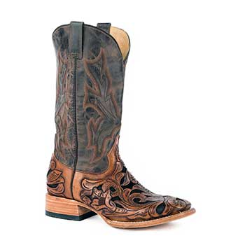 Stetson Men's Wicks Hand Tooled Leather Overlay Boots - Brown