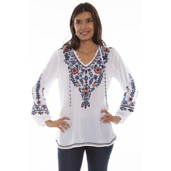 Scully Honey Creek Ladies Embroidered Tunic w/Ties - White