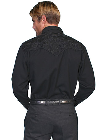 Scully Men's Shirt w/Floral Tooled Embroidery - Jet Black #2