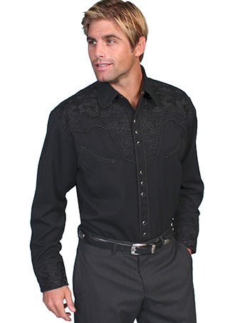 Scully Men's Shirt w/Floral Tooled Embroidery - Jet Black
