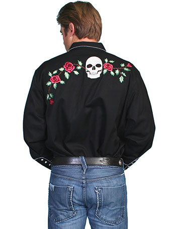 Scully Men's Black Shirt w/Skull & Rose Embroidery #2
