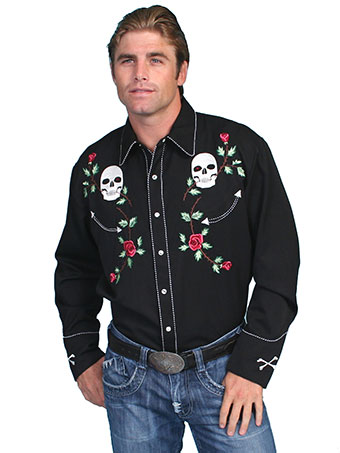 Scully Men's Black Shirt w/Skull & Rose Embroidery