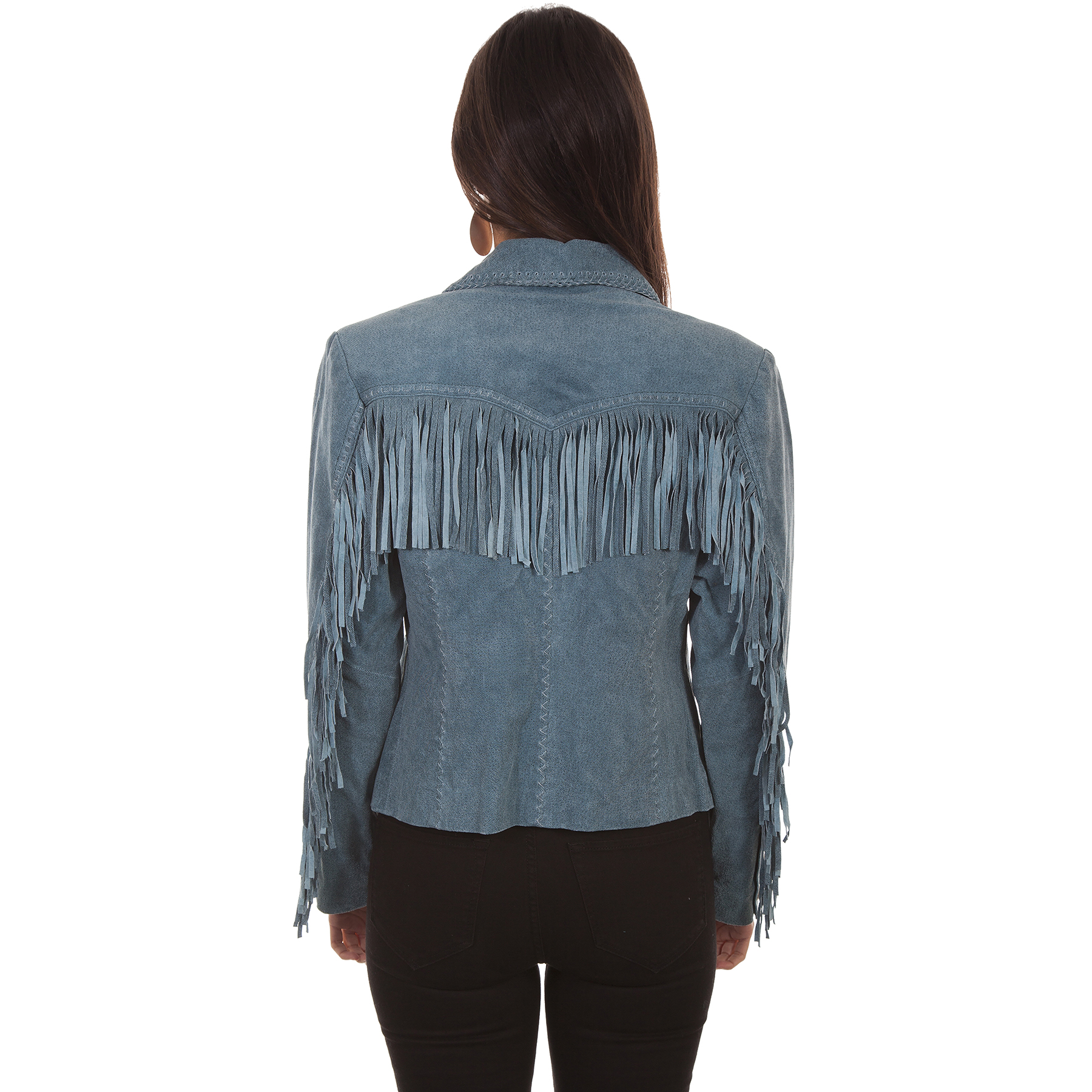 Pungo Ridge Scully Ladies Suede Fringe Jacket Denim Blue, Scully