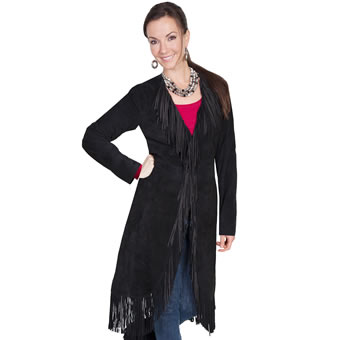 Scully Ladies Boar Suede Fringed Maxi Coat - Black