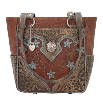 American West Desert Wildflower Zip Top Tote with 3 Outside Pockets - Brown/Blue #1