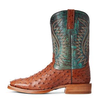 Ariat Men's Gallup Full-Quill Ostrich Boots - Brandy/Roaring Turquoise #2