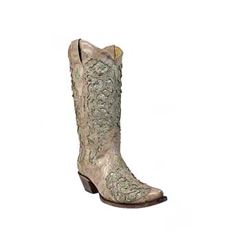Corral Ladies White Snip Toe Fashion Boots w/Green Glitter Inlay & Crystals