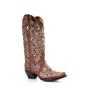 Corral Women's Brown Inlay & Flowered Embroidery w/Studs & Crystals