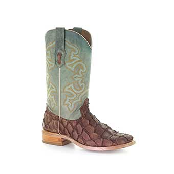 Corral Men's Pirarucu Square Toe Boots w/Embroidery Brown/Turquoise