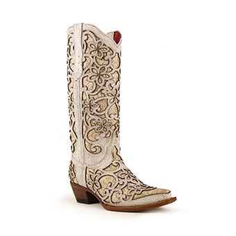 Ferrini Ladies Bliss Gold Shimmer Cowgirl Boots - White/Gold #1