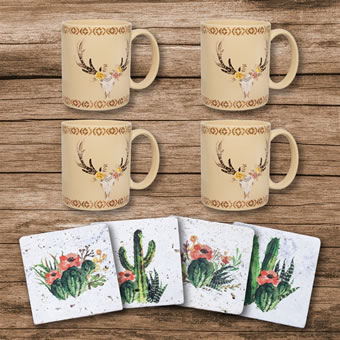 Desert Skull Mug and Cactus Blooms Coaster 8-Piece Set