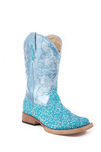 Roper Children's Floral Bling Square Toe Boots - Turquoise