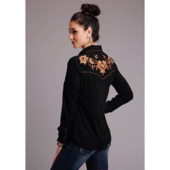 Stetson Ladies Women's Rayon Crepe Western Blouse w/Floral Embroidery - Black #3