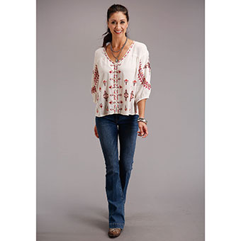 Stetson Ladies Embroidered White Dobby Peasant Blouse #2
