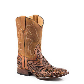 Stetson Men's New West Square Toe Cognac Tooled Filigree Boots