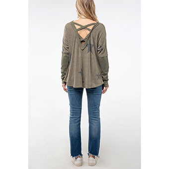 Miss Me Star Print Cowl Neck Sweater - Olive Green #2