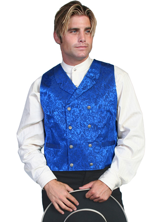 WAH MAKER Men's Double-breasted Floral Silk Vest - Royal Blue