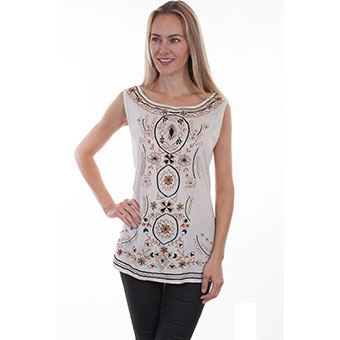 Scully Honey Creek Tank Top w/Two-Tone Embroidery - Ivory