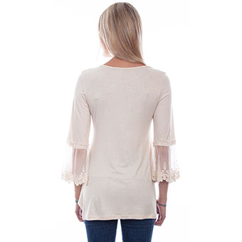Scully Honey Creek Solid Top w/Tulle Crochet Sleeves - Beige #2