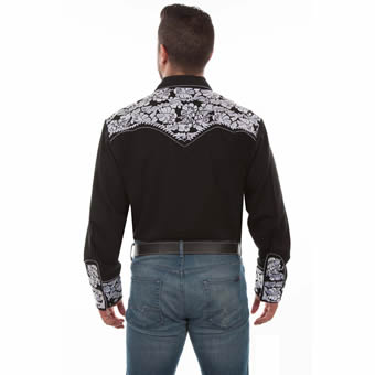 Scully Men's Shirt w/Floral Tooled Embroidery - Black/White #2