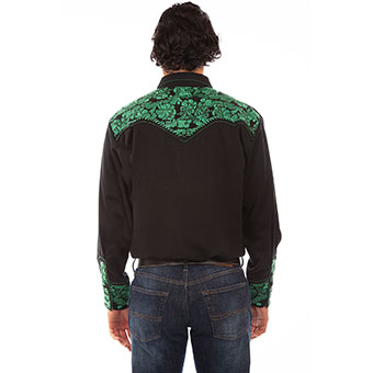 Scully Men's Shirt w/Floral Tooled Embroidery - Black/Emerald #2