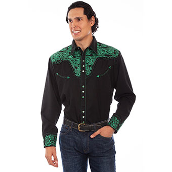 Scully Men's Shirt w/Floral Tooled Embroidery - Black/Emerald