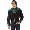 Scully Men's Shirt w/Floral Tooled Embroidery - Black/Emerald
