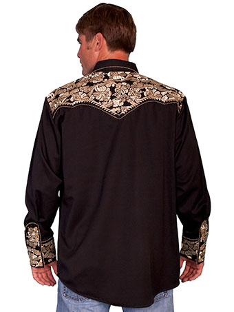 Scully Men's Shirt w/Floral Tooled Embroidery - Black/Gold #2