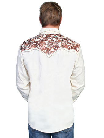 Scully Men's Shirt w/Floral Tooled Embroidery - Natural/Caramel #2
