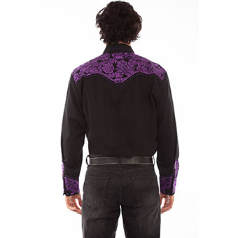 Scully Men's Shirt w/Floral Tooled Embroidery - Black/Purple #2