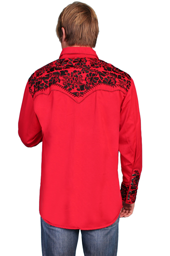 Scully Men's Shirt w/Floral Tooled Embroidery - Red/Black #2