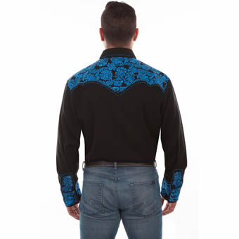 Scully Men's Shirt w/Floral Tooled Embroidery - Black/Royal Blue #2