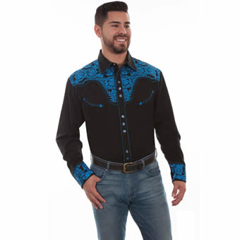 Scully Men's Shirt w/Floral Tooled Embroidery - Black/Royal Blue