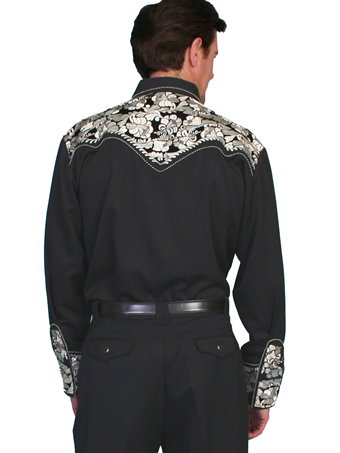 Scully Men's Shirt w/Floral Tooled Embroidery - Black/Silver #2