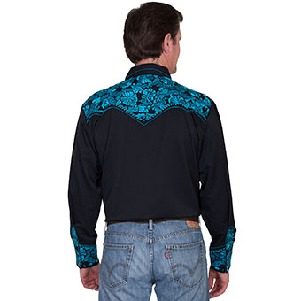 Scully Men's Shirt w/Floral Tooled Embroidery - Black/Turquoise #2