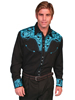 Scully Men's Shirt w/Floral Tooled Embroidery - Black/Turquoise