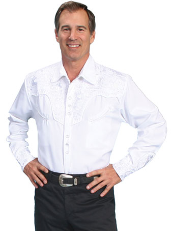 Scully Men's Shirt w/Floral Tooled Embroidery - White