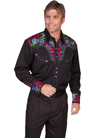 Scully Men's Shirt w/Floral Tooled Embroidery - Multi Color #1