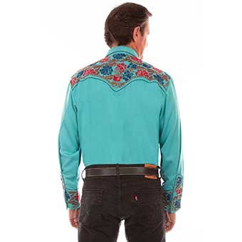 Scully Men's Shirt w/Floral Tooled Embroidery - Turquoise/Multi Color #2
