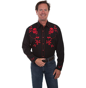 Pungo Ridge - Scully Men's Western Shirt w/Red Skull & Rose Embroidery ...