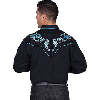 Scully Men's Western Shirt w/Embroidered Leaves - Black/Blue #2