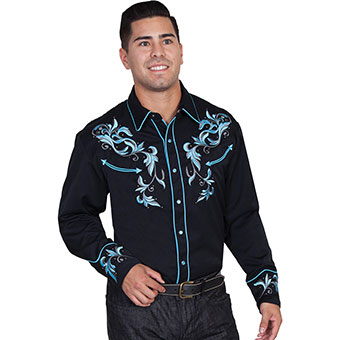 Scully Men's Western Shirt w/Embroidered Leaves - Black/Blue