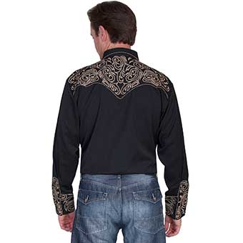 Scully Men's Western Shirt w/Embroidered Scrolls - Black/Tan #2