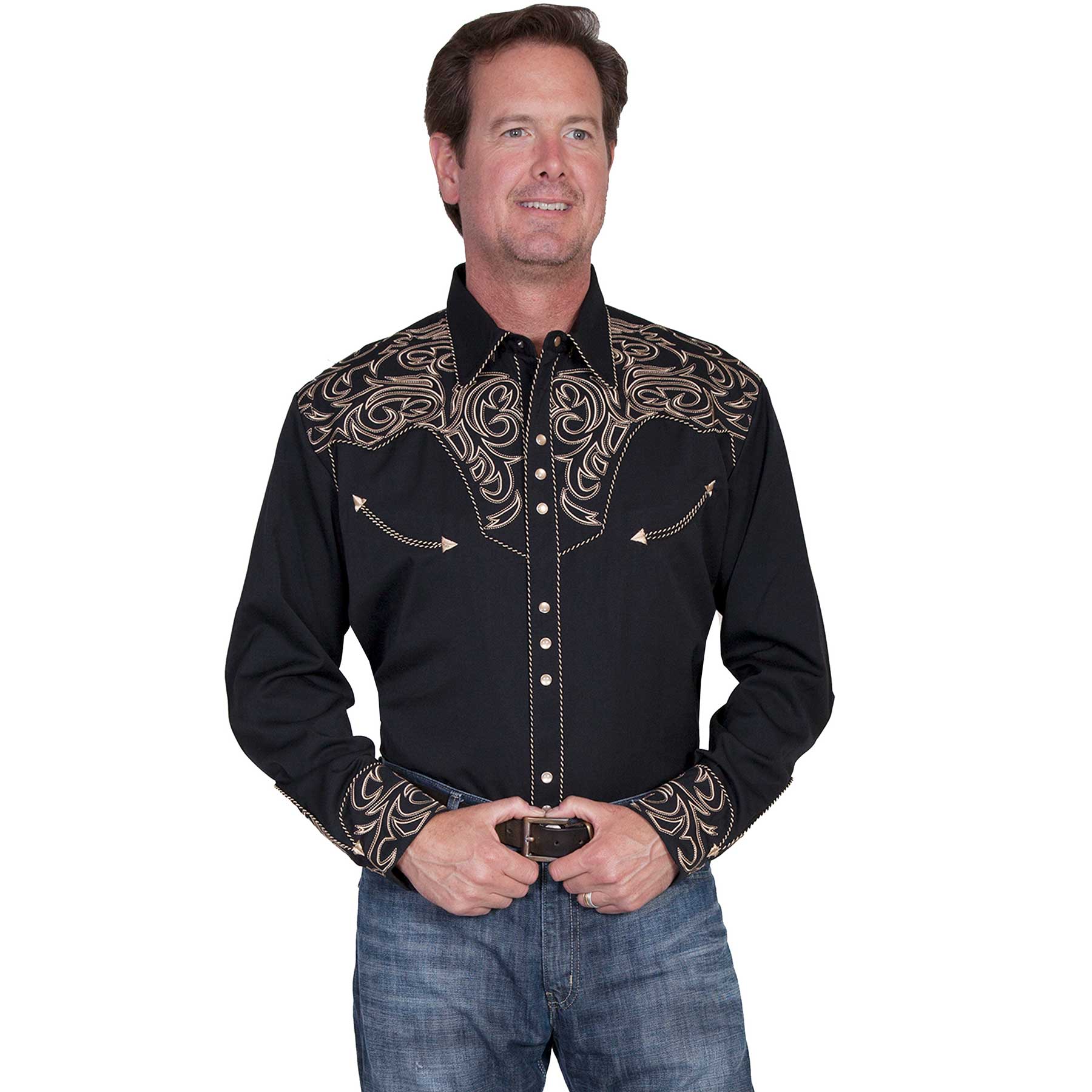 Pungo Ridge - Scully Men's Western Shirt w/Embroidered Scrolls - Black ...
