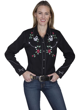Scully Ladies Long Sleeve Western Shirt w/Embroidered Skull & Roses
